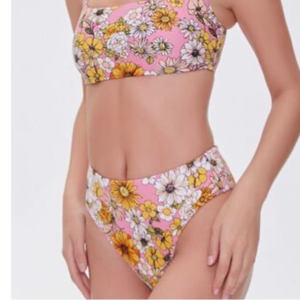 NWT Forever 21 pink floral print high leg cheeky bikini bottoms size medium - Picture 6 of 13